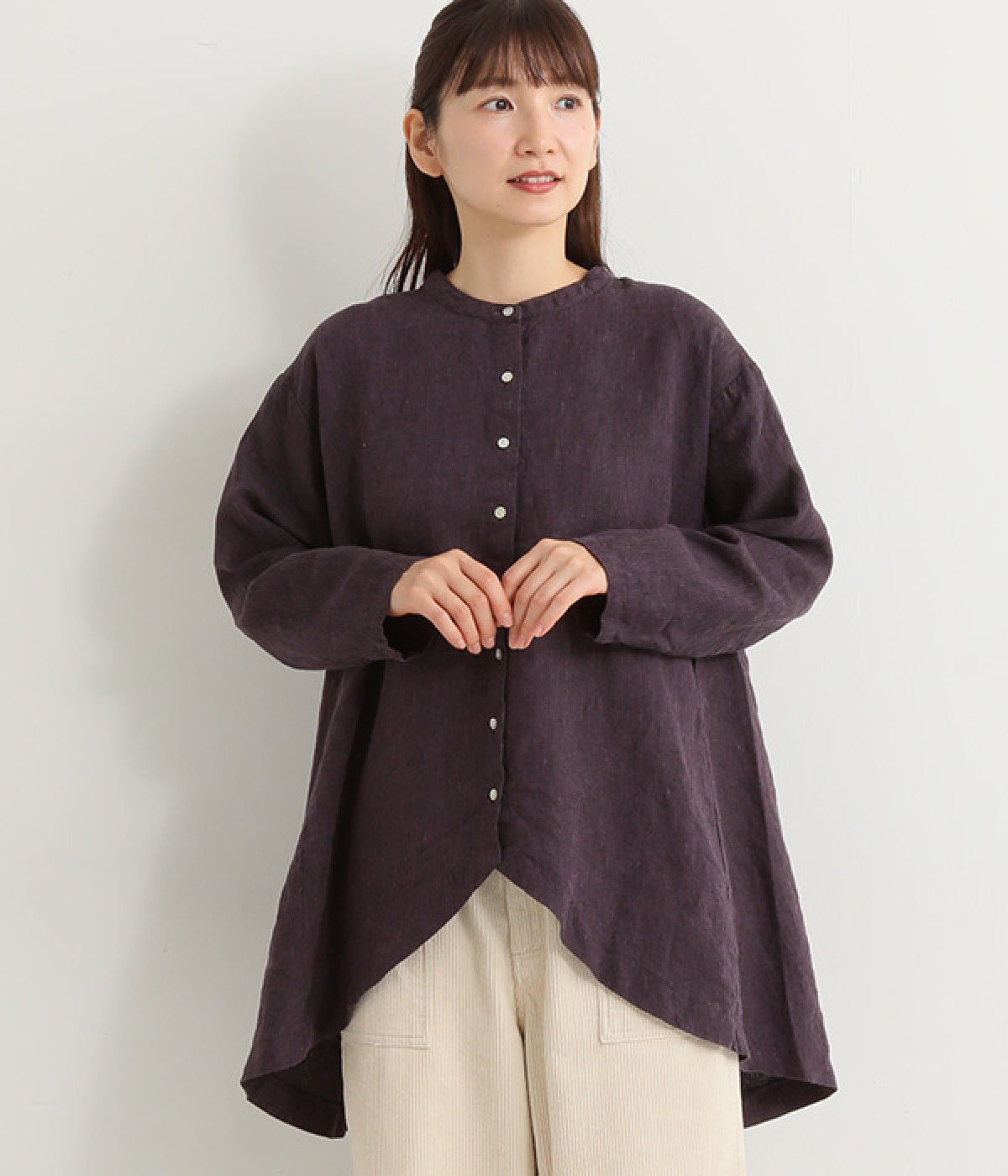9番手リネン 後あきバンド襟シャツ(パープル-ONESIZE)