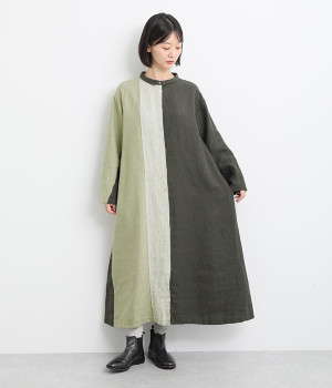 9番手リネン　チビ襟配色切り替えワンピース(チャコール×グレージュ×ベージュ-ONESIZE)