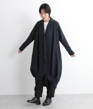9番手リネン　多ボタンコクーンワンピース(ネイビー-ONESIZE)