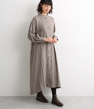 9番手起毛 リネンボリューム袖ワンピース(ストーングレー-ONESIZE)