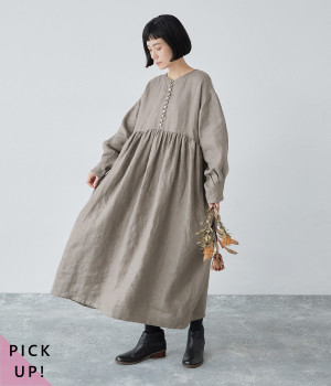 別注｜9番手リネンヘリンボーンボリューム袖ワンピース(ストーングレー-ONESIZE)