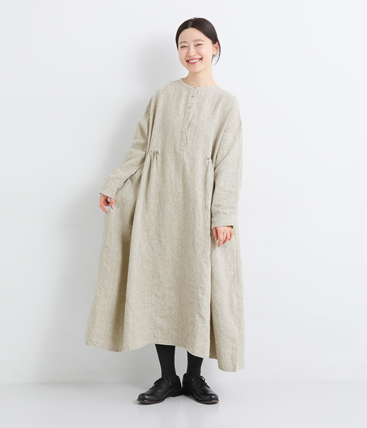 9番手リネン 2wayヘンリーあきギャザーワンピース(グレージュ-ONESIZE-【別注カラー】)