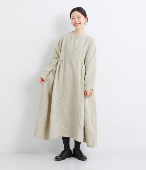 別注｜9番手リネン 2wayヘンリーあきギャザーワンピース(グレージュ-ONESIZE-【別注カラー】)