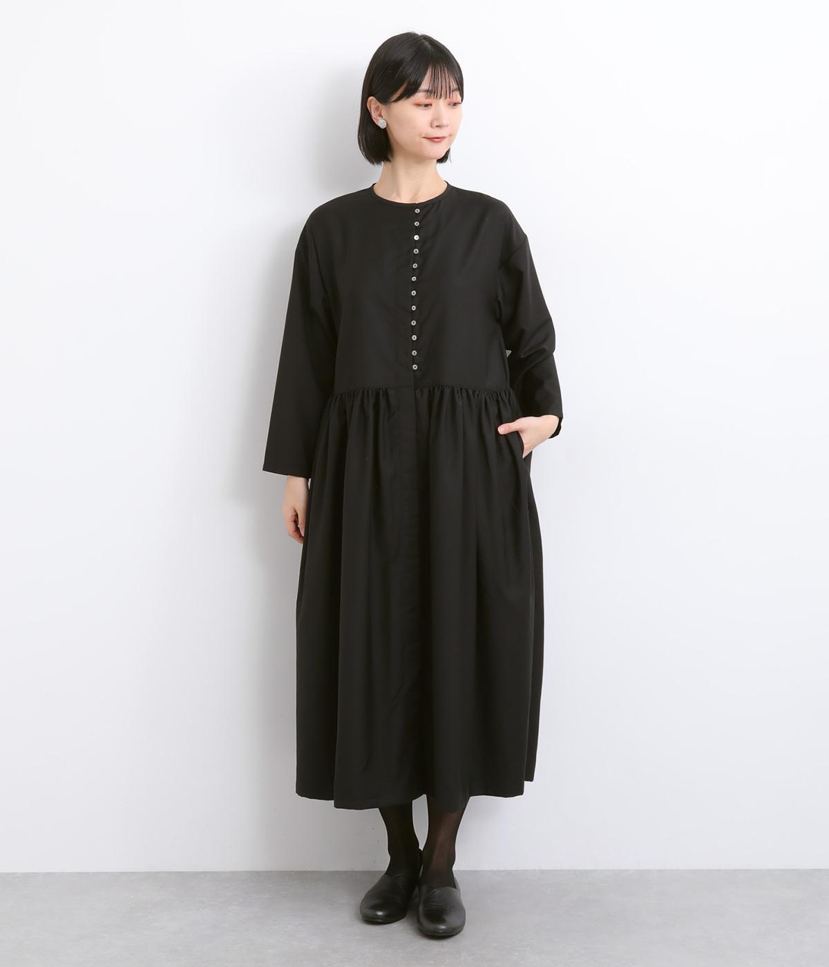 ギャザー切り替え前あきワンピース(ブラック-F)