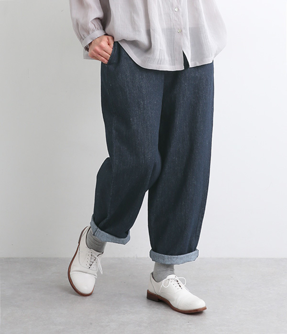 コットンリネンデニムサルエルパンツ(インディゴ-ONESIZE)