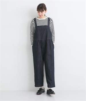 コットンリネンデニムギャザーサロペット(インディゴ-ONESIZE)