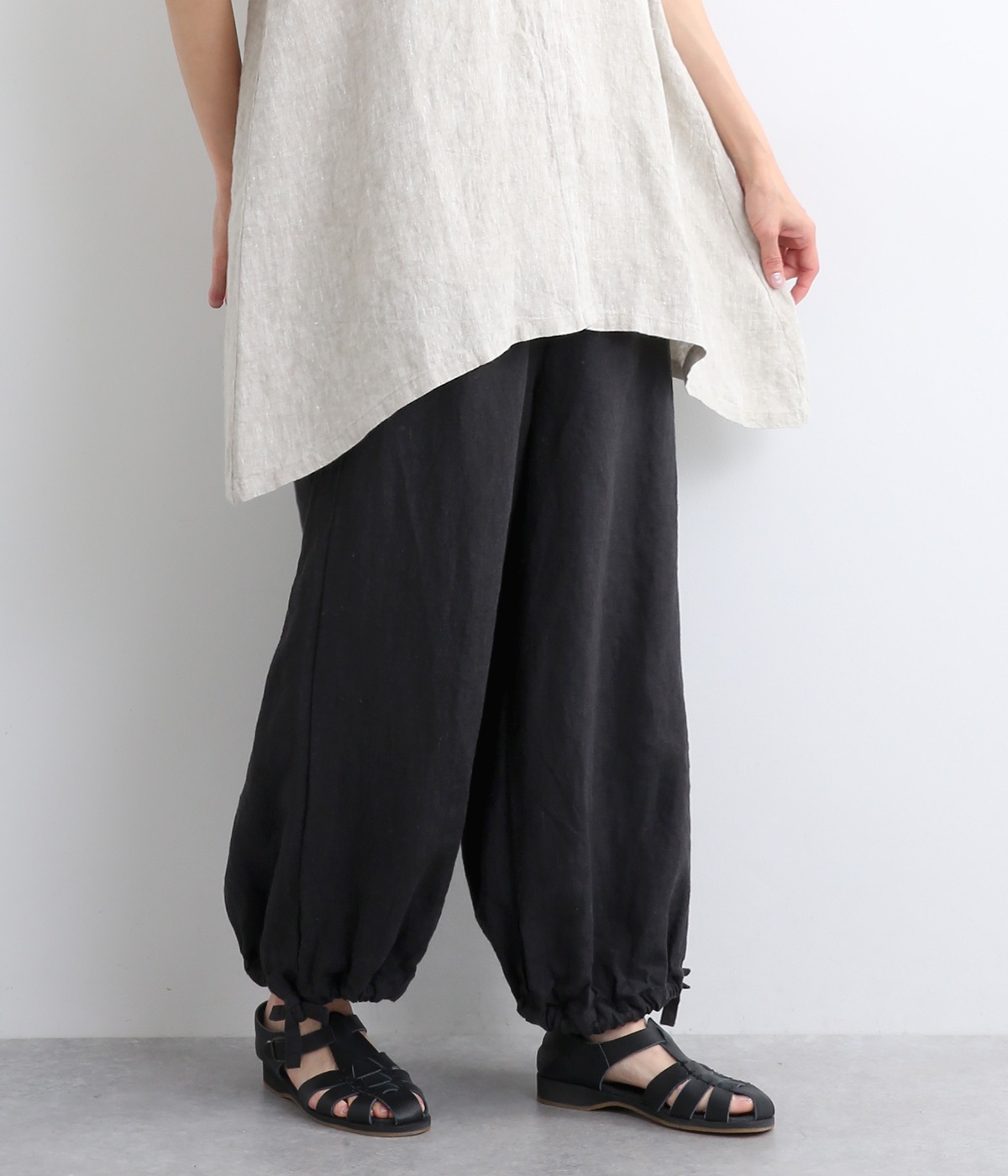 9番手リネン　裾ひも仕様パンツ(ブラック-ONESIZE)