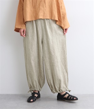 9番手リネン　裾ひも仕様パンツ(グレージュ-ONESIZE)