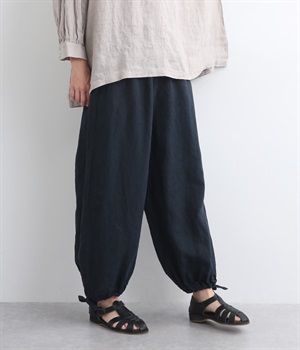 9番手リネン　裾ひも仕様パンツ(ネイビー-ONESIZE)