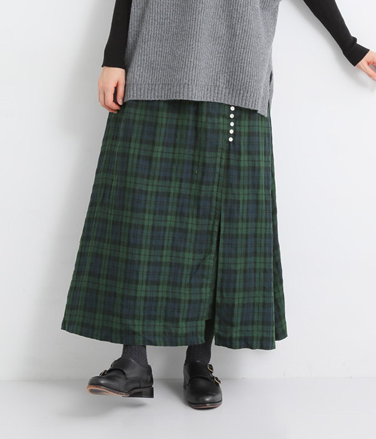 14番手リネン 多ボタンスカート(ブラックウォッチ-ONESIZE)