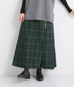 14番手リネン 多ボタンスカート(ブラックウォッチ-ONESIZE)
