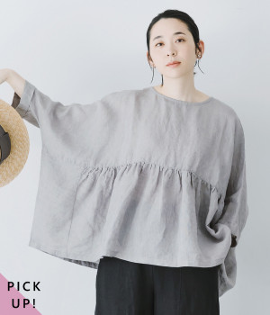 一部別注｜リネンシャンブレー2wayギャザーブラウス(スチールグレー-ONESIZE)