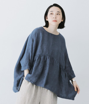一部別注｜リネンシャンブレー2wayギャザーブラウス(ブルー-ONESIZE)