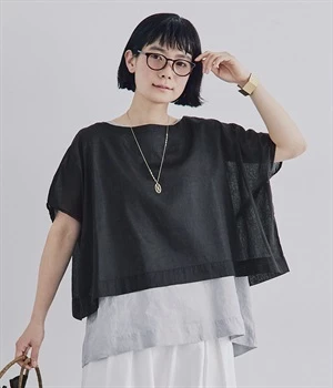 別注｜14番手リネン　レイヤードトップスセット(スチールグレー×ブラック-ONESIZE)