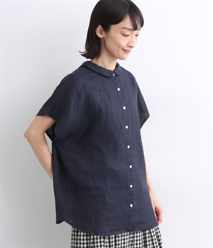 14番手リネン　2way襟付きブラウス(ネイビー-ONESIZE)