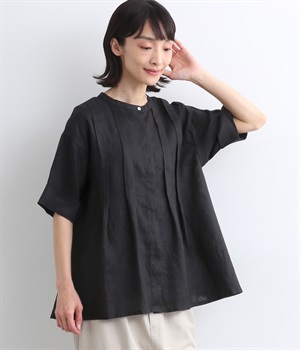 14番手リネン　タックバンドブラウス(ブラック-ONESIZE)