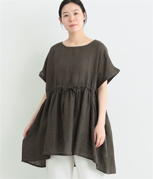 リネンシャンブレー　ウエスト調整チュニック(チャコール-ONESIZE)