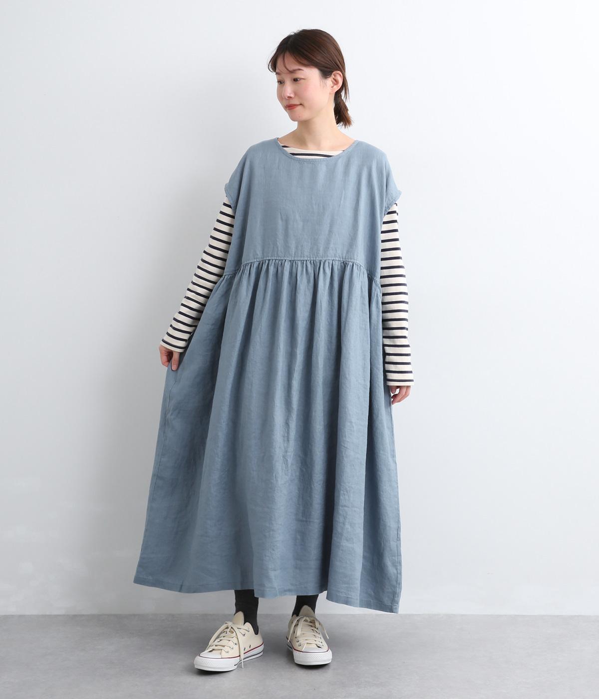 14番手リネンウエスト切り替えノースリーブワンピース(アッシュブルー-F)