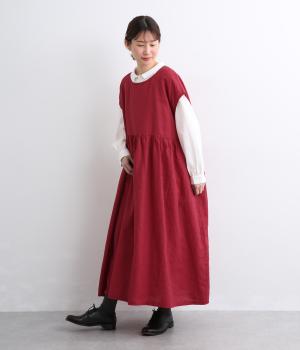 14番手リネンウエスト切り替えノースリーブワンピース(レッド-F)