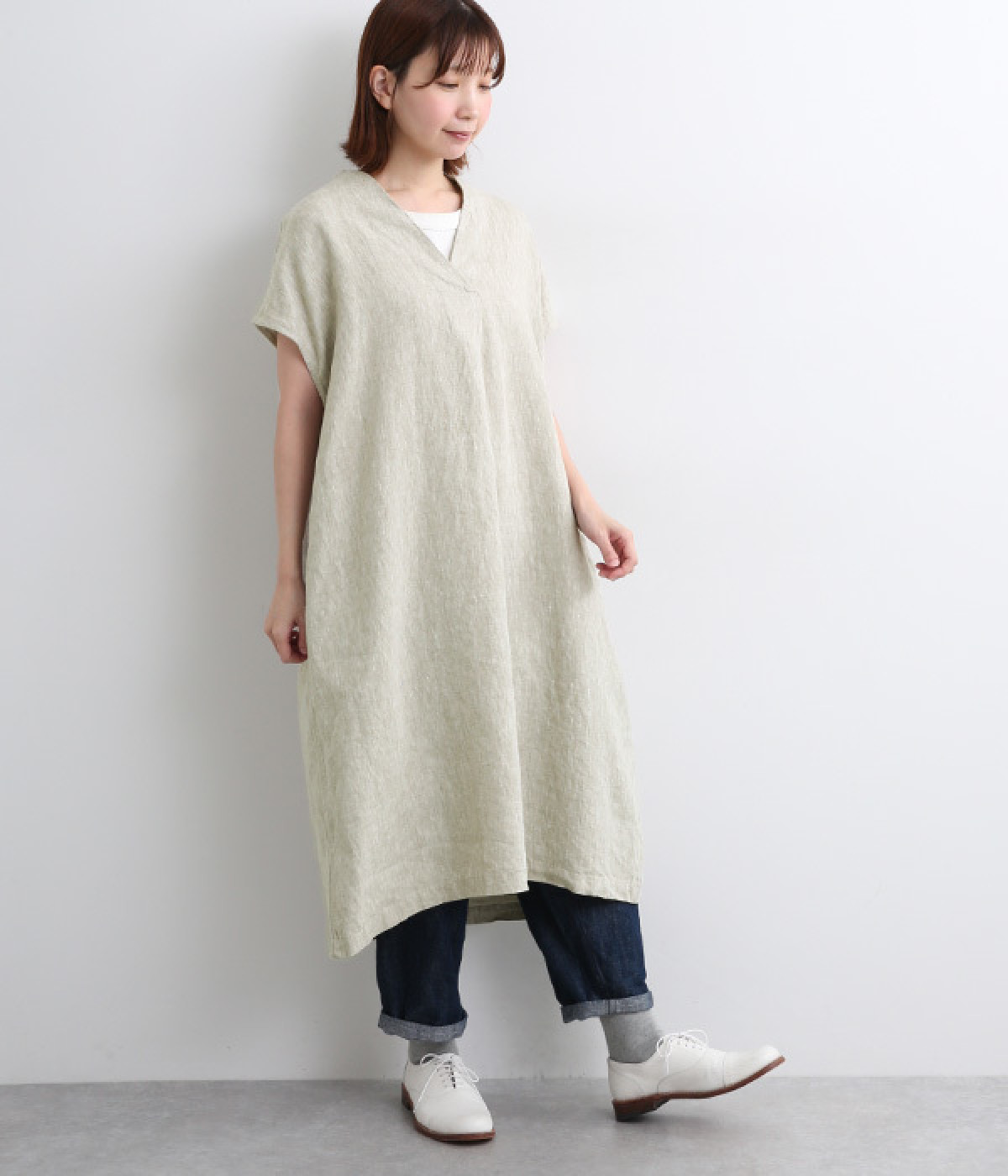 9番手リネンセンタータックノースリーブワンピース(グレージュ-ONESIZE)
