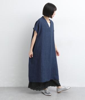 9番手リネンセンタータックノースリーブワンピース(インディゴ-F)