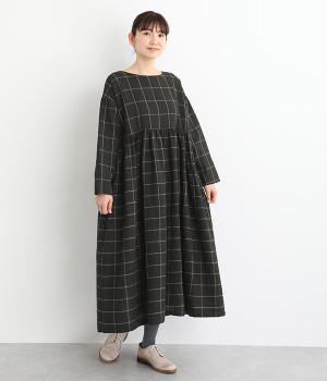 ウエスト切り替えギャザーワンピース(ウインドーペン黒-ONESIZE)