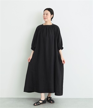 14番手リネン　ゴム付きラグランスリーブワンピース(ブラック-ONESIZE)