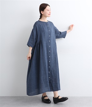 リネンシャンブレー　ギャザー切り替えワンピース(ブルー-ONESIZE)