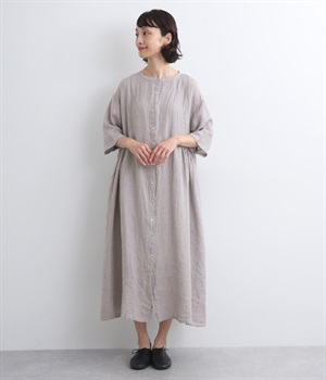 リネンシャンブレー　ギャザー切り替えワンピース(スチールグレー-ONESIZE)
