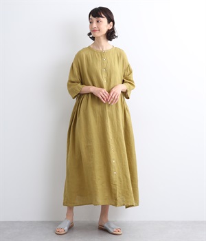 リネンシャンブレー　ギャザー切り替えワンピース(マスタード-ONESIZE)