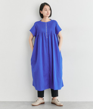 コットンリネン　ピンタックワンピース(ロイヤルブルー-ONESIZE)