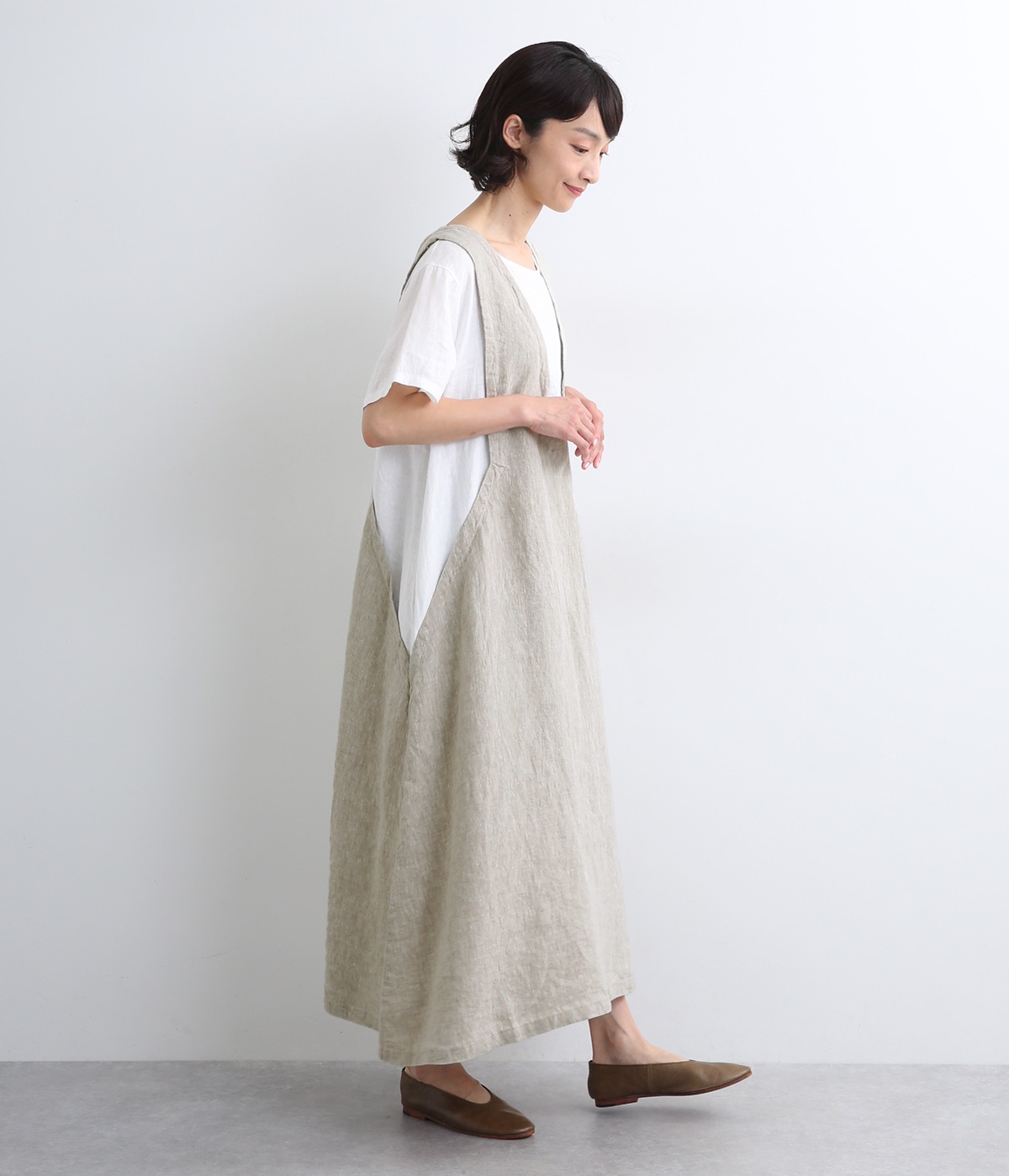 9番手リネン×14番手リネン　ドッキングジャンパースカート風ワンピース(グレージュ×オフ-ONESIZE)