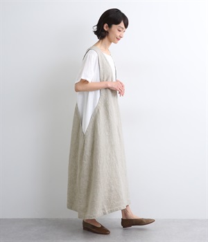 9番手リネン×14番手リネン　ドッキングジャンパースカート風ワンピース(グレージュ×オフ-ONESIZE)