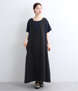 9番手リネン×14番手リネン　ドッキングジャンパースカート風ワンピース(ブラック×ネイビー-ONESIZE)