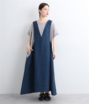 9番手リネン×14番手リネン　ドッキングジャンパースカート風ワンピース(インディゴ×スチールグレー-ONESIZE)