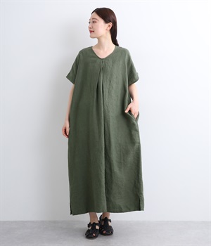 9番手リネン　センタータックワンピース(モスグリーン-ONESIZE)
