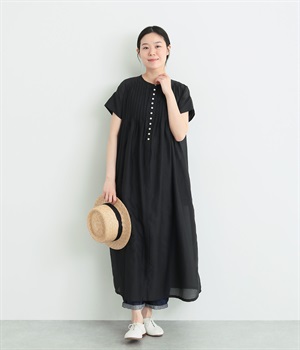 コットンシルク　ピンタックワンピース(ブラック-ONESIZE)