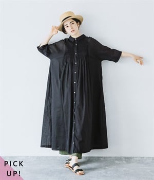 ラミーコットン　ピンタックシャツワンピース(ブラック-ONESIZE)