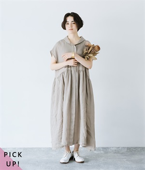 リネンシャンブレー　フレンチスリーブワンピース(ベージュ-ONESIZE)