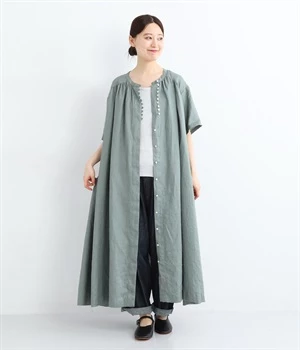 14番手リネン多ボタンギャザーワンピース