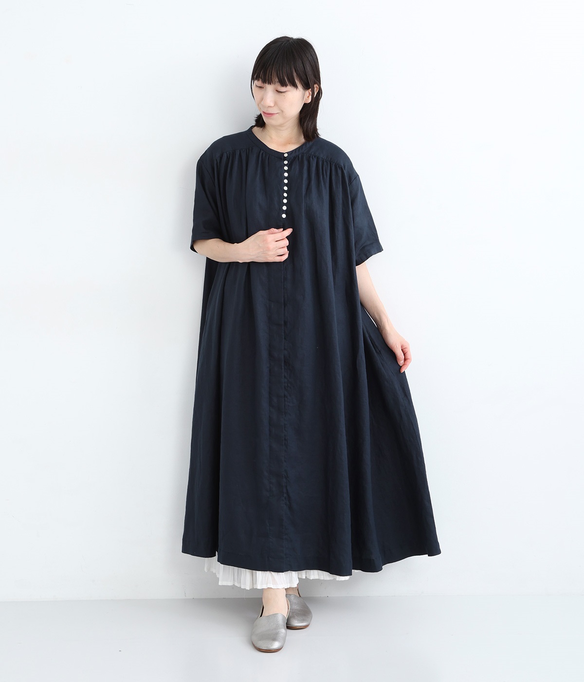 別注｜14番手リネン多ボタンギャザーワンピース(ネイビー-F)