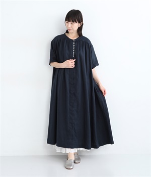 別注｜14番手リネン多ボタンギャザーワンピース(ネイビー-F)