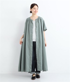 別注｜14番手リネン多ボタンギャザーワンピース(ダルグリーン-F)