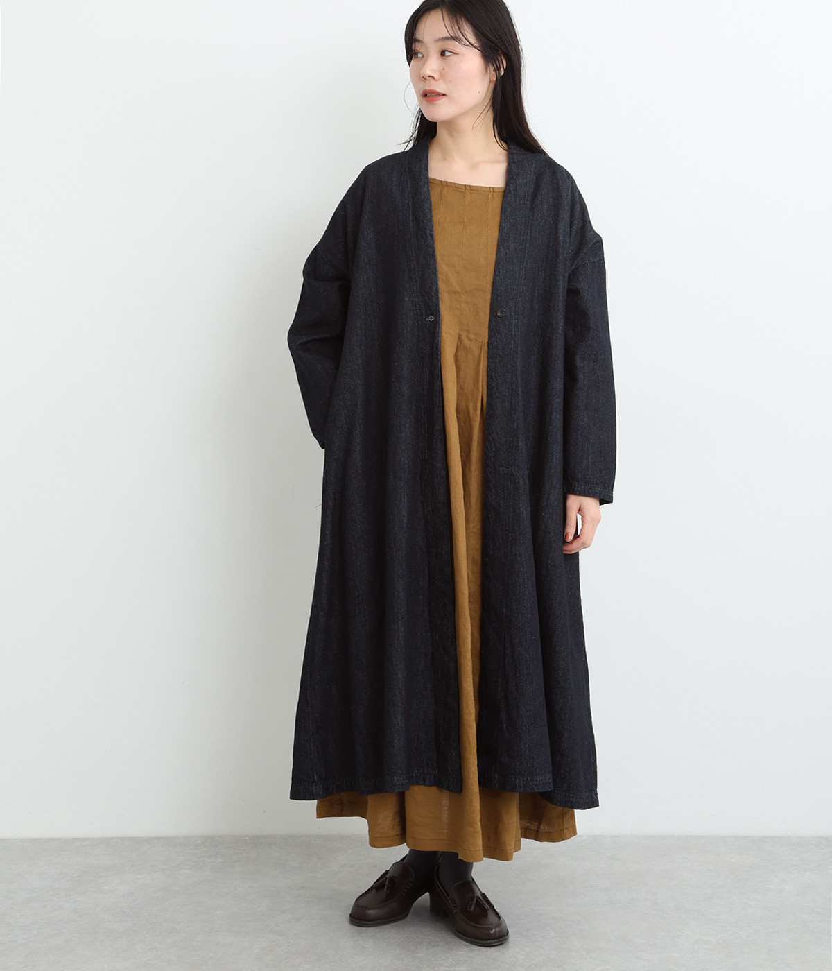 コットンリネンデニム 1つボタンロング羽織(インディゴ-ONESIZE)