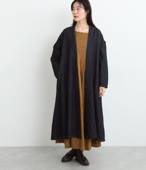 コットンリネンデニム 1つボタンロング羽織(インディゴ-ONESIZE)
