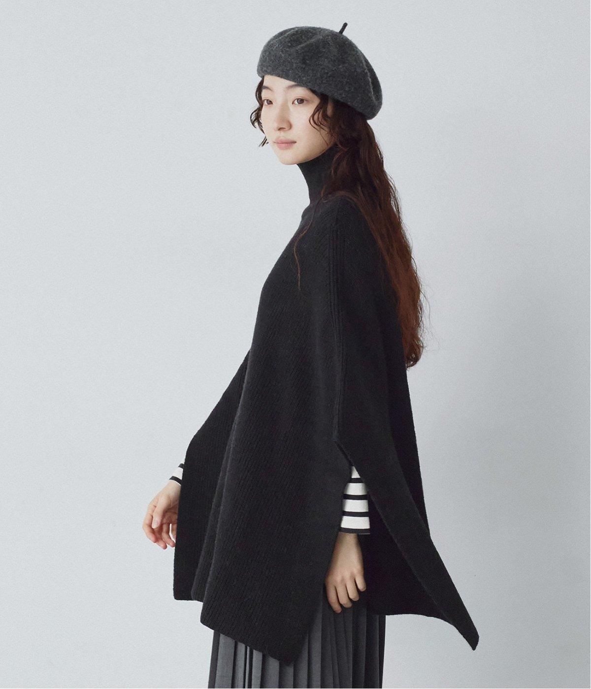 アルパカ混ロールネックポンチョ(ブラック-F)