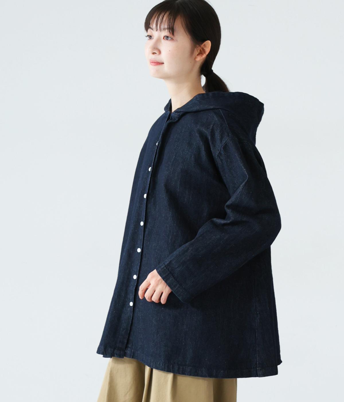 リネンコットンデニムフード付き前あきブラウス(インディゴ-F)