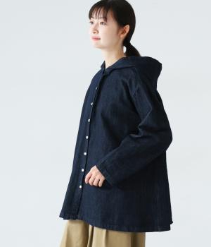 リネンコットンデニムフード付き前あきブラウス(インディゴ-F)