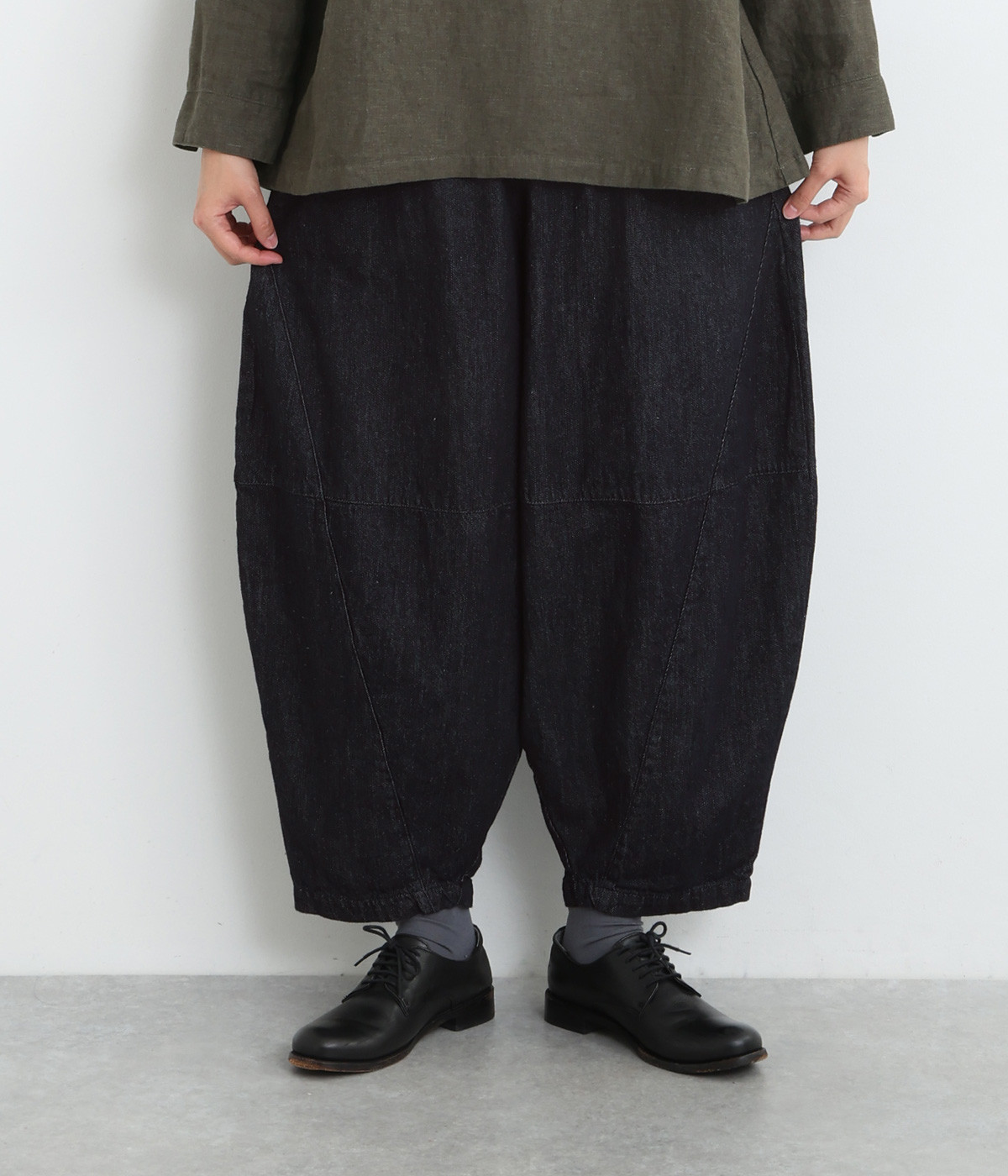 コットンリネンデニム 切り替えピエロパンツ(インディゴ-ONESIZE)