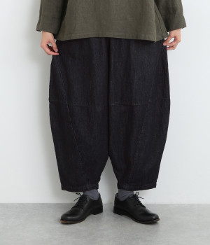 コットンリネンデニム 切り替えピエロパンツ(インディゴ-ONESIZE)